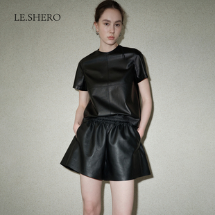 LE.SHERO原创设计机车松紧腰真皮上衣短裤 两件套T恤女独特上衣