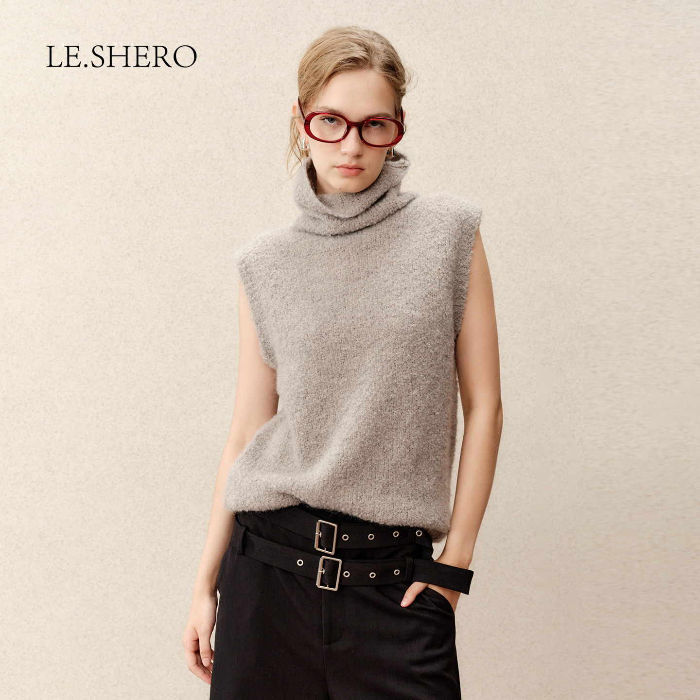LE.SHERO无袖高领混纺毛织上衣