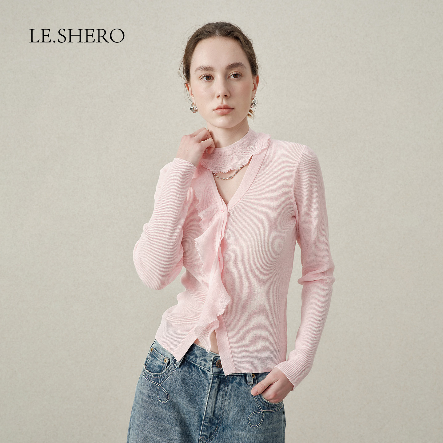 LE.SHERO荷叶边飘带针织开衫