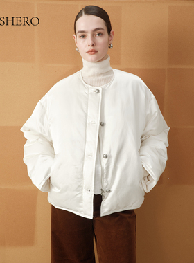 LE.SHERO原创设计简约短款真丝v领鸭绒羽绒外套