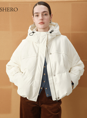 LE.SHERO原创设计白鹅绒简约百搭短款连帽面包羽绒服女士保暖外套