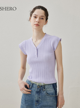 LE.SHERO原创设计气质V领坑条毛针织衫上衣女夏新款休闲休闲显瘦
