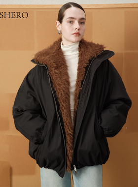 LE.SHERO原创设计宽松落肩袖中款毛领拉链羽绒服冬季厚款外套