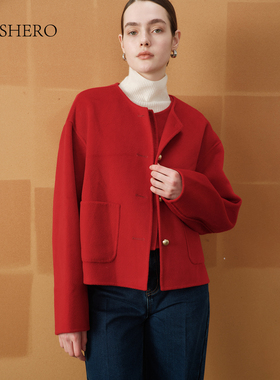 LE.SHERO原创设计短款圆领大口袋排扣羊毛双面呢手工大衣