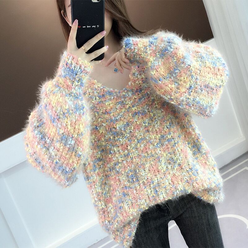 2021新款秋h冬V领套头加厚粗线毛衣女慵懒风女士短款宽松上衣外穿