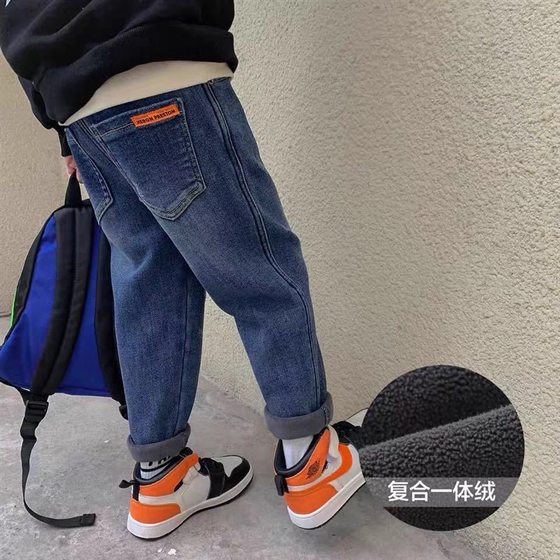 男童加绒牛仔裤2024新款秋冬中C大童裤子儿童长裤冬季加厚一体绒
