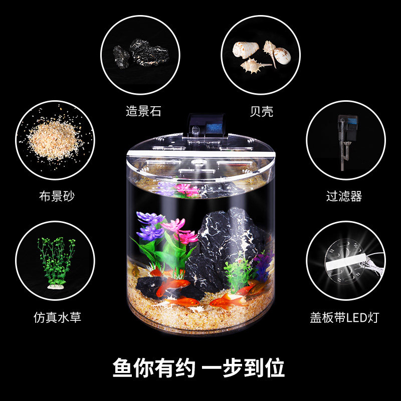 圆形超白a玻璃鱼缸小型桌面创意造景懒人免换水带灯金鱼草缸水族