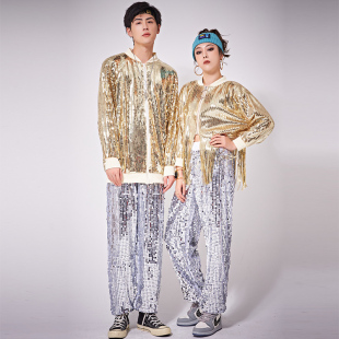 男U女表演舞台套装 演出服装 流苏长袖 外套爵士舞街舞大码 亮片女装