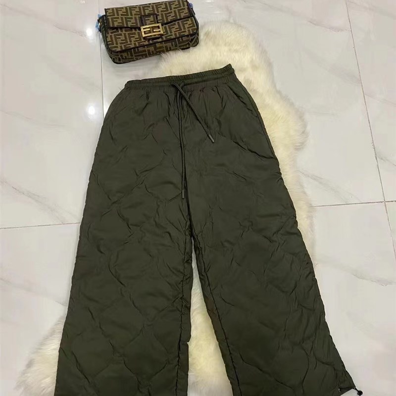 90白鹅绒保暖宽松加肥脚口抽绳松紧腰H菱形格时尚防寒羽绒裤女冬