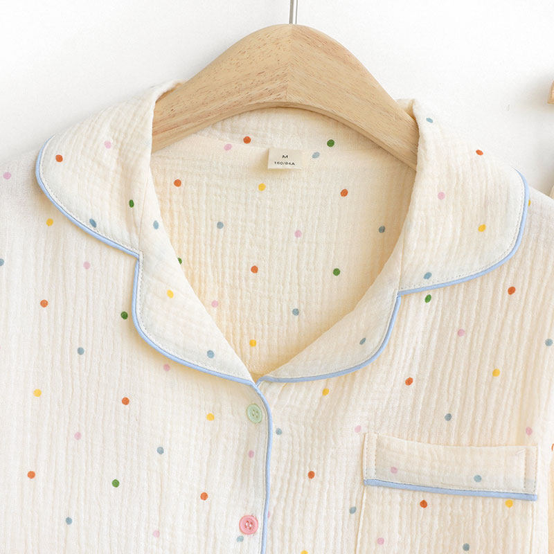 彩色点点纯棉纱布睡衣女款春秋夏季长袖全棉薄Q款家居服套装可外