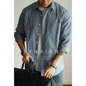 工装 YUXIAN日系纯棉衬衫 宽松纯色长袖 口袋休闲百搭X复古衬衣春秋