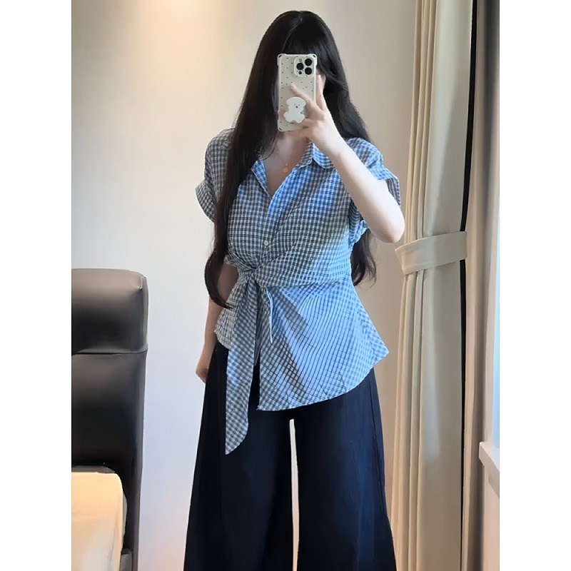 大码女装镶钻绑带掐腰蓝色格子短袖衬衫夏季新款胖mmY显瘦遮肉上
