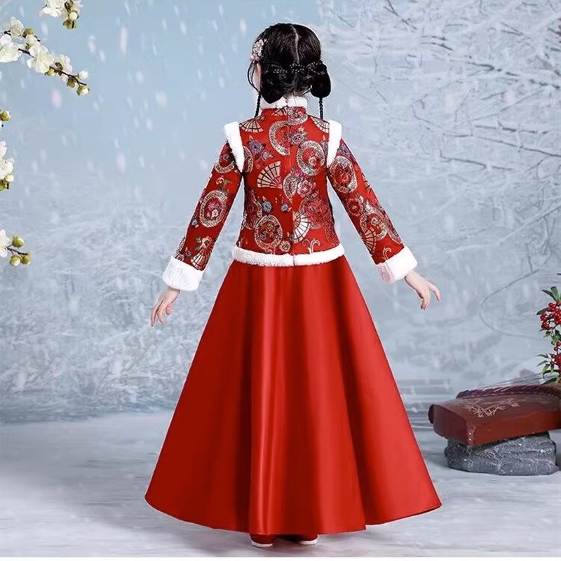 女童拜年服冬季20n24新款加厚汉服中国风加绒唐装红色新年衣服套