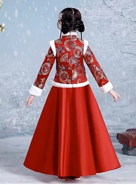 女童拜年服冬季20n24新款加厚汉服中国风加绒唐装红色新年衣服套