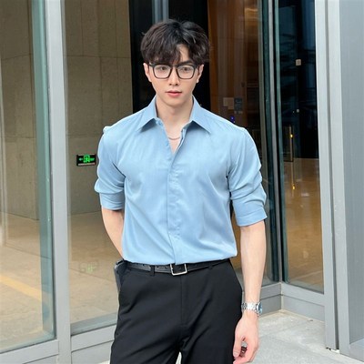 全面升级-韩系百搭纯色r商务宽肩男精致翻领硬挺中袖长袖短袖衬衫
