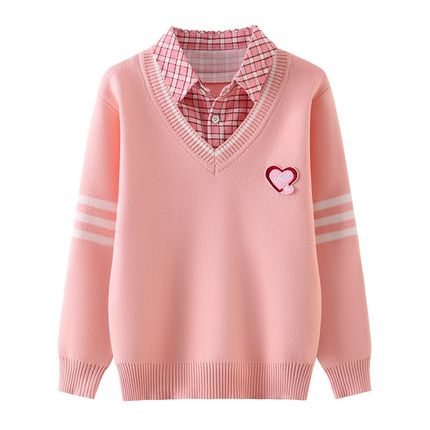 女童毛衣b衬衫领拼接假两件针织衫2025秋冬甜美女孩中大童衣服