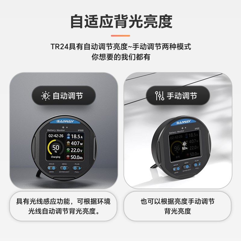 TR24彩屏铅酸锂电池电动车三轮车库仑计电量显示器电池.容量检测
