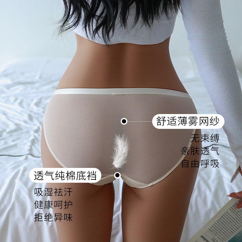 法式复古风性感镂空蕾丝网纱内裤中E低腰透明透气女士包臀三角裤