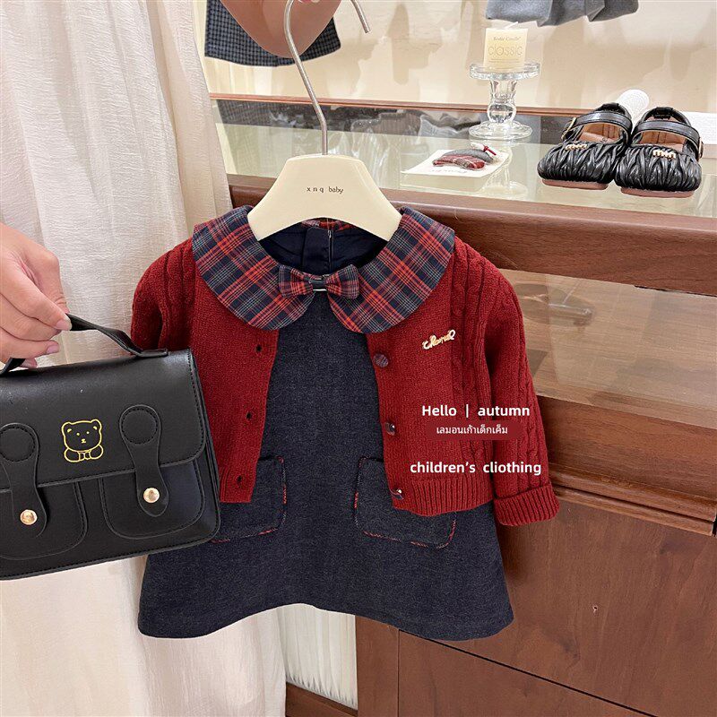 【咸柠七】英伦女孩!女童秋季套装新款I开衫毛衣格子背心裙两件套