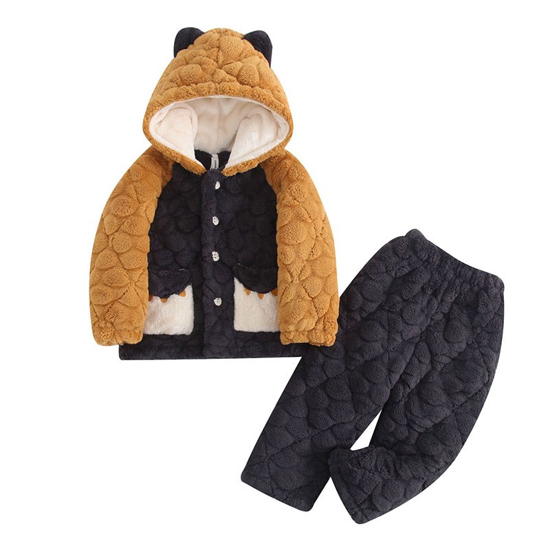 儿童睡衣男童冬季加厚款s三层加厚加绒小男孩宝宝连帽家居服套装