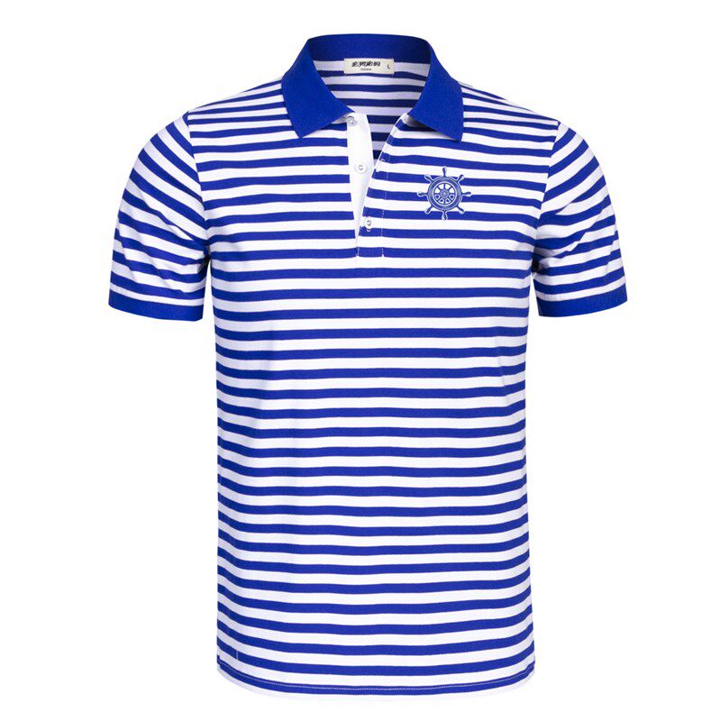夏季海魂衫翻领短袖t恤男蓝白条y纹polo衫半袖有领水手服纯棉衬衫