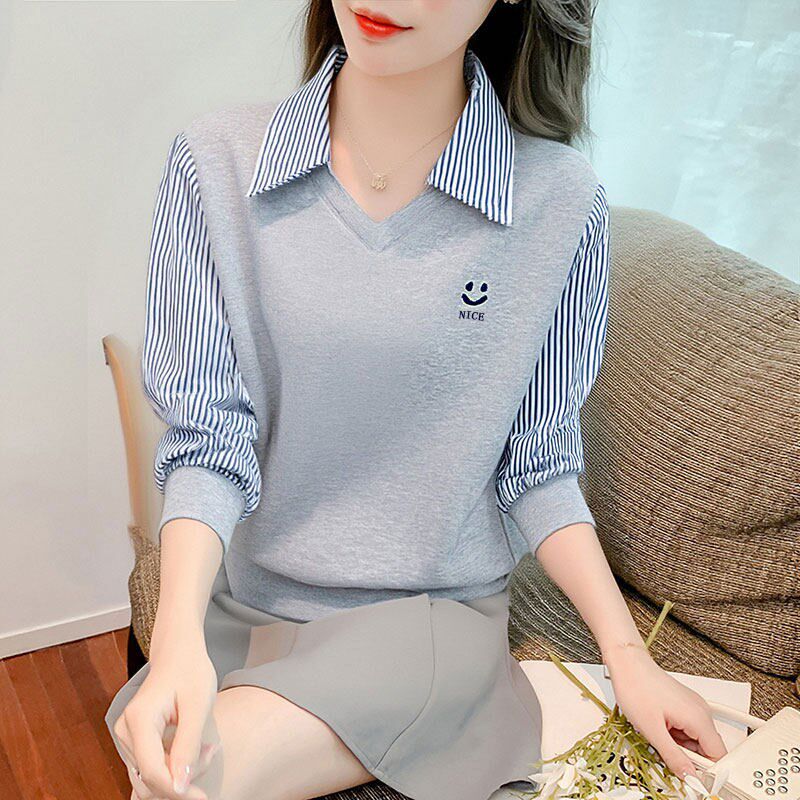 假两件条纹拼接纯棉长袖T恤女2026年新款春装S宽松上衣卫衣打底衫