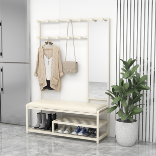 奶油风换鞋凳挂衣架衣帽架一体带镜子组合简约P收纳落地入户家用