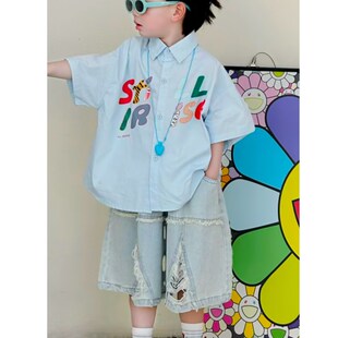 男童衬衫套装2i025新款儿童洋气时髦上衣宝宝夏季短袖牛仔裤男孩