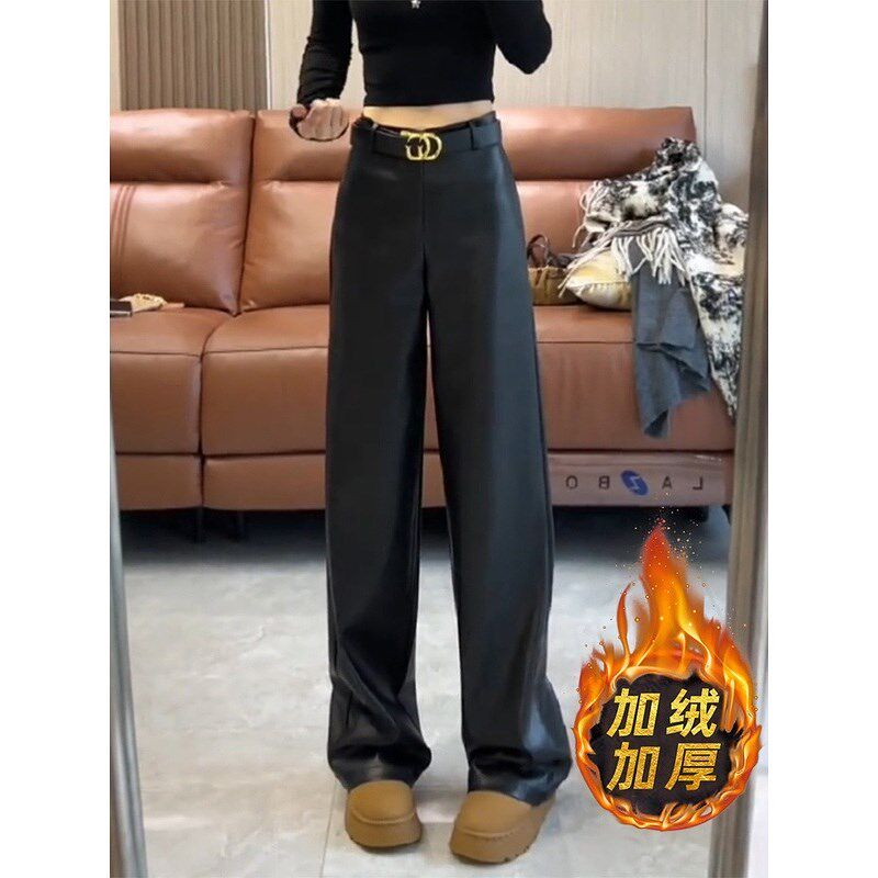 加绒黑色窄版阔腿皮裤女秋冬2024新款G小个子PU皮高腰直筒拖地裤