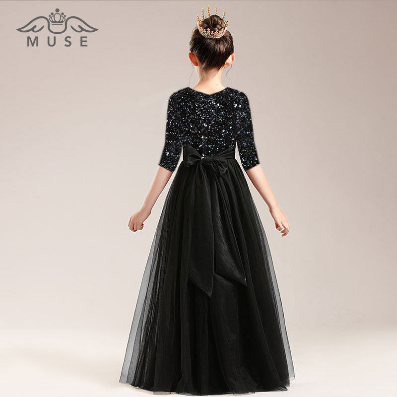 儿童晚礼服公主裙长款钢琴管弦乐演奏礼服女童合唱团X演出黑色亮