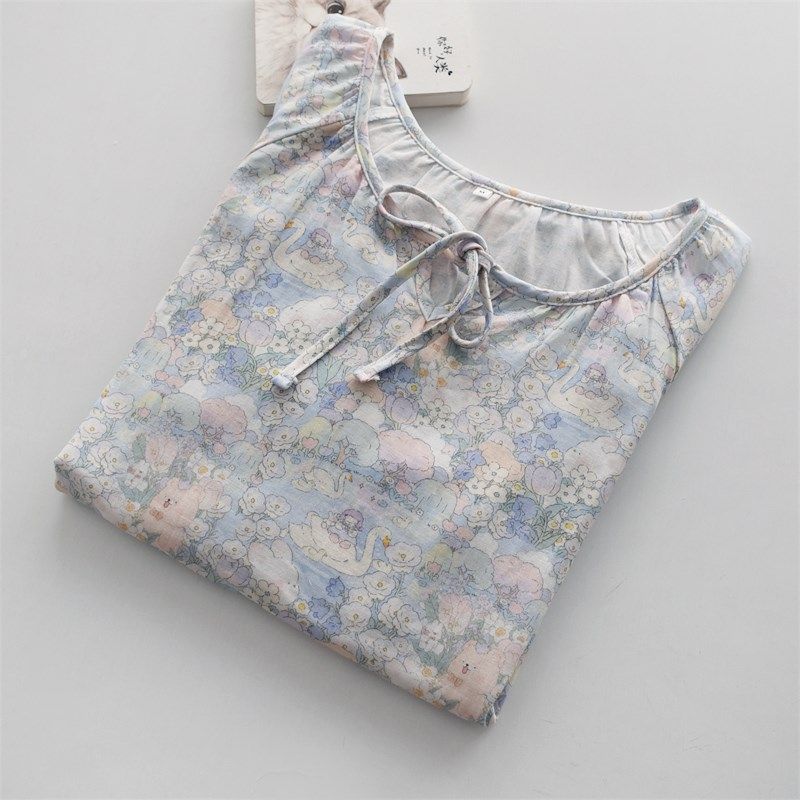 卡通大白鹅睡裙女款春夏季纯棉纱D布薄款宽松连衣裙子家居服睡衣