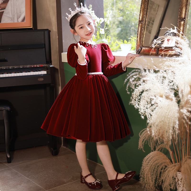 儿童生日礼服红色丝绒花童公x主裙女孩钢琴高端演出服女童主持人