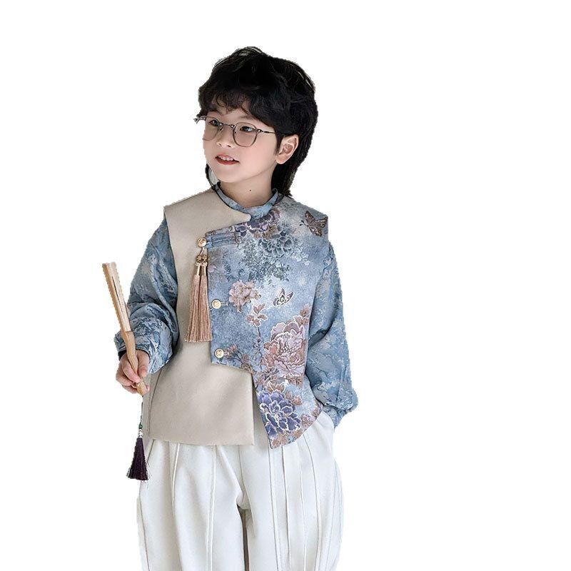 男童汉服马甲国风新中式q儿童唐装套装春夏季宝宝生日礼服帅气演