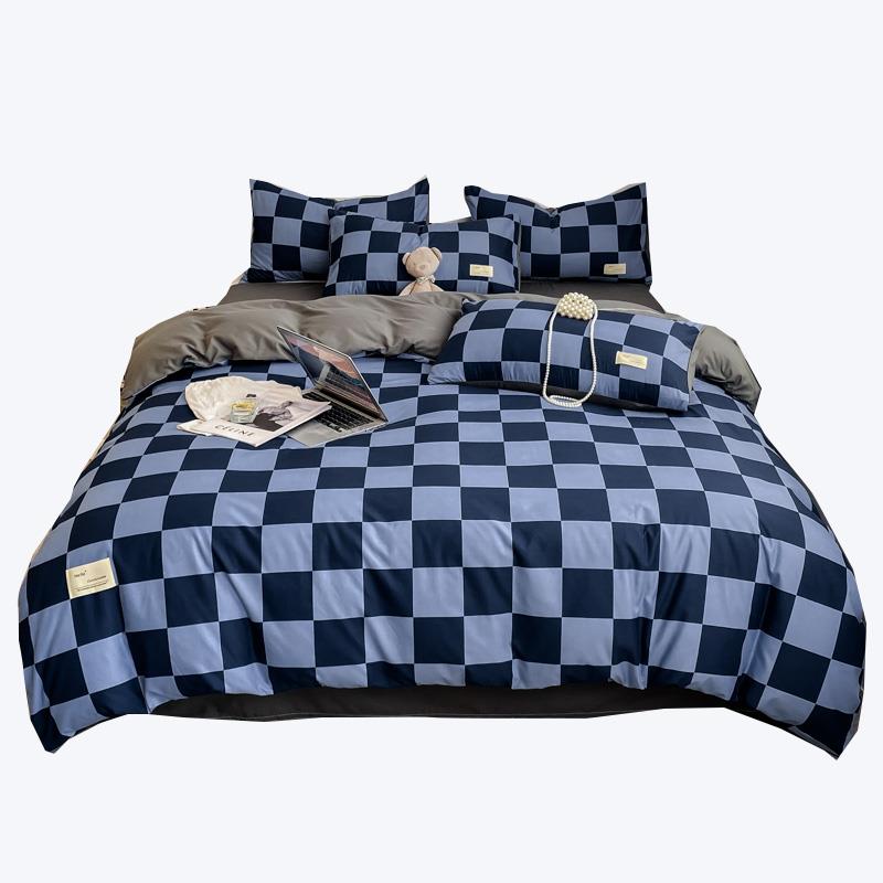 单人被套单件格子水洗棉主卧被罩床单四件套寝室1.5x2m三件套蓝色