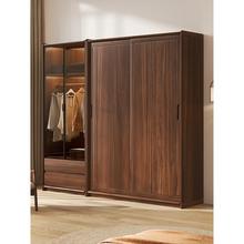 北欧实木衣柜黑胡桃木推拉门新中式卧室储物玻璃柜家用大衣橱组合