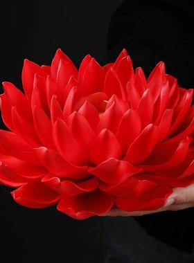 红色大莲花帝王莲陶瓷摆件佛堂装饰品手工仿真瓷花创意办公桌摆设