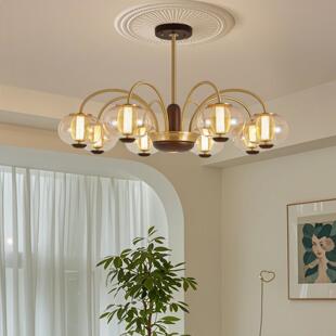 全铜法式中古客厅吊灯vintage覆古饭厅灯胡桃木主灯设计师房间灯