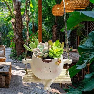 阳台多肉秋千吊兰花盆笑脸摆件装饰品庭院个性盆栽花园创意可爱