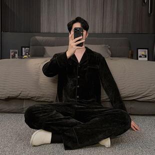 高端黑色瑞雪绒睡衣男秋冬款2025新款珊瑚绒家居服冬季天保暖套装