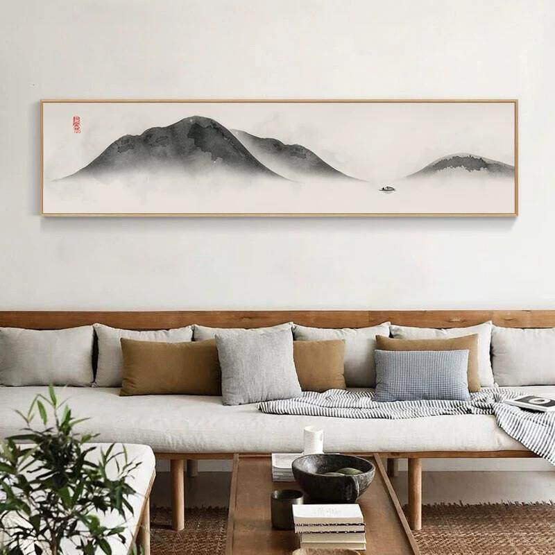 新中式客厅装饰画沙发背景墙黑白水墨画横幅壁画书房茶室山水挂画