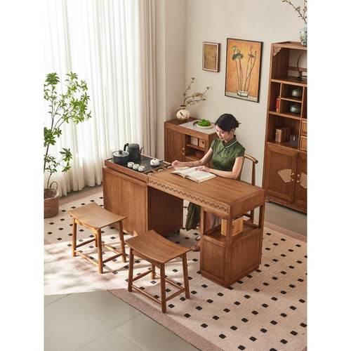 一林半舍新中式阳台伸缩茶桌小户型家用实木茶台桌椅组合移动岛台