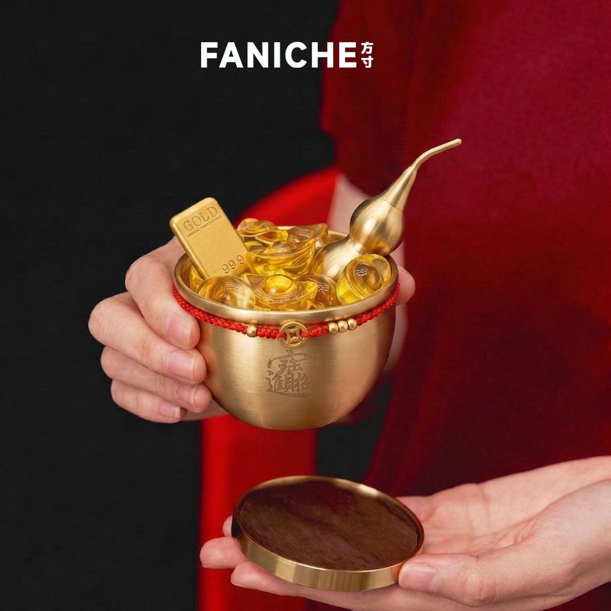 FANICHE黄铜聚宝盆一桶金琉璃金元宝桌面装饰品摆件送好朋友礼物