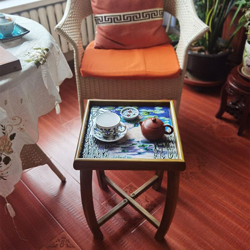折叠茶几高两河老榆木家具实木镶嵌瓷板画沙发边几可折叠桌茶台桌