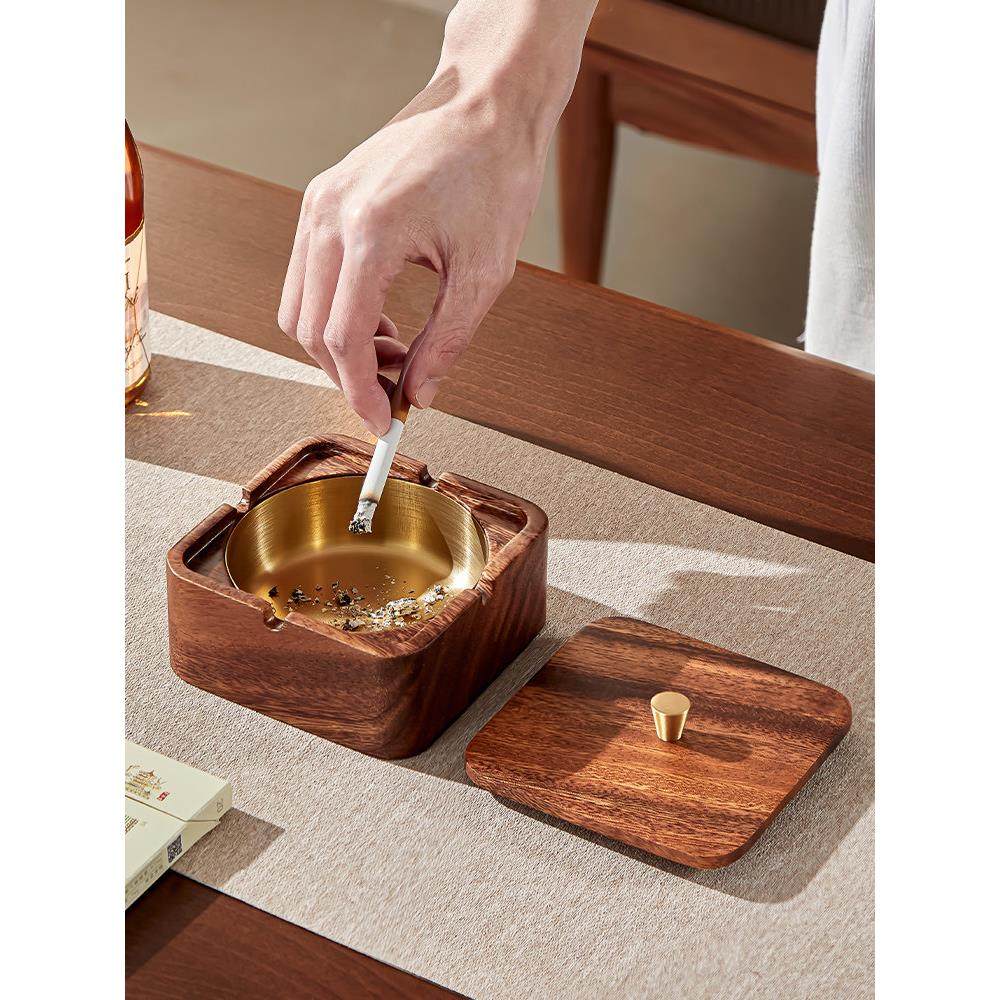 胡桃木烟灰缸家用客厅带盖不锈钢防飞灰实木烟缸办公室高级感摆件
