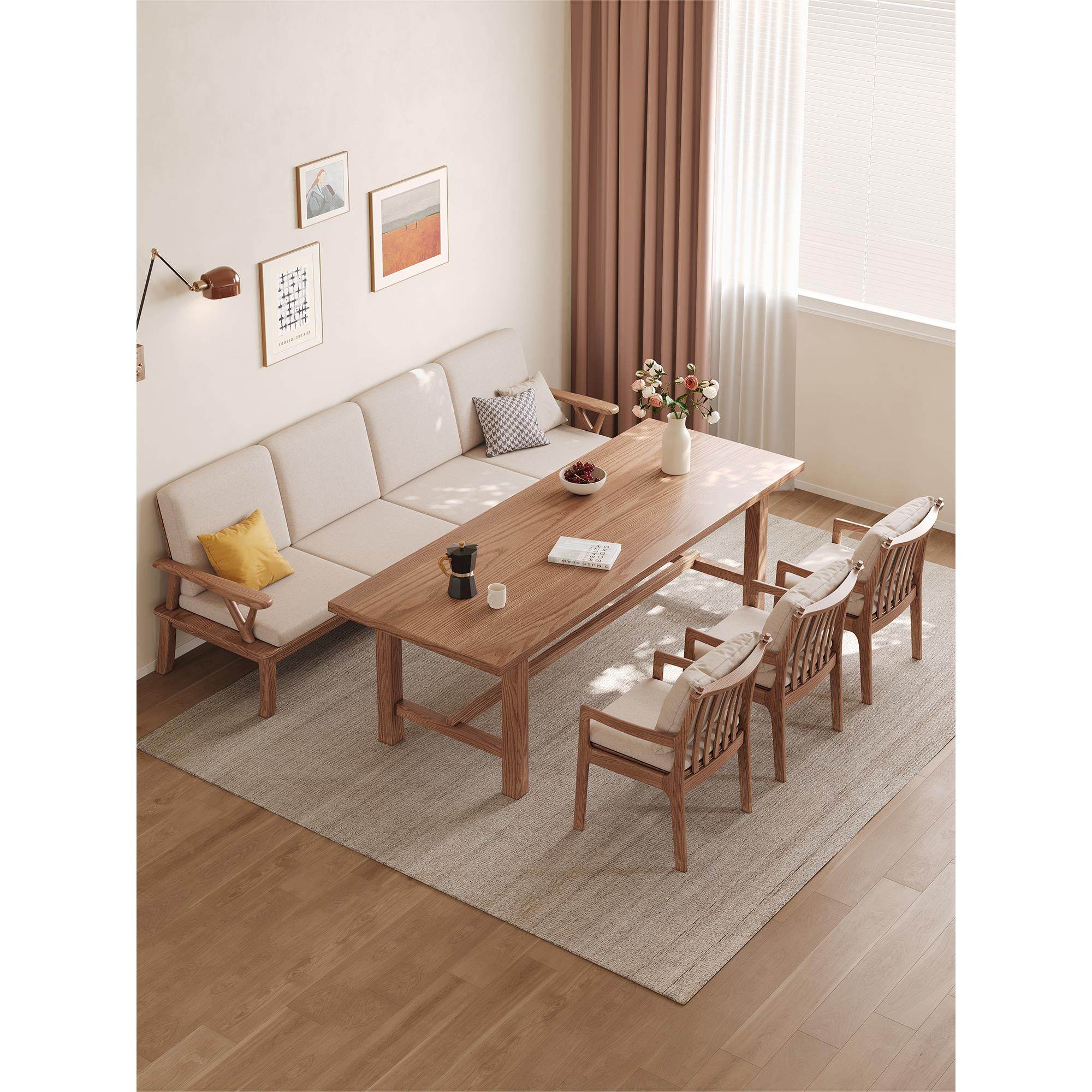 白蜡木沙发搭配餐桌椅去客厅化客餐一体沙发家用适配餐桌实木沙发