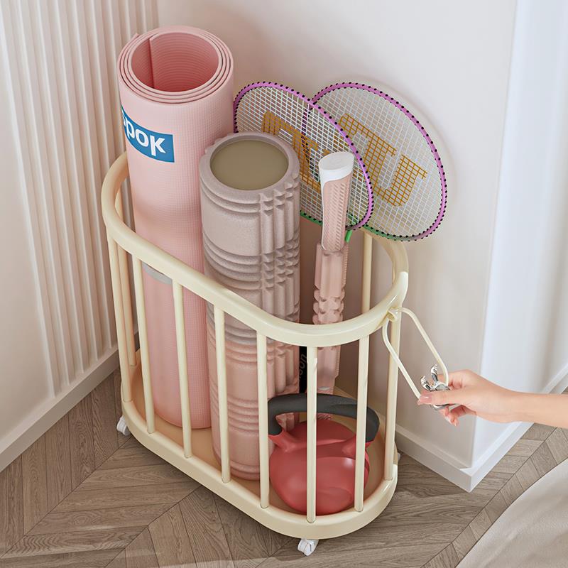 瑜珈垫收纳筐带轮子可移动泡沫轴体育器械运动工具健身器材置物架