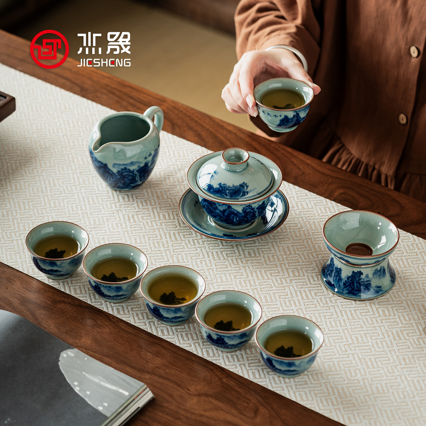 杰晟景德镇青花千里江山整套送礼功夫茶具套装复古陶瓷泡茶碗礼盒