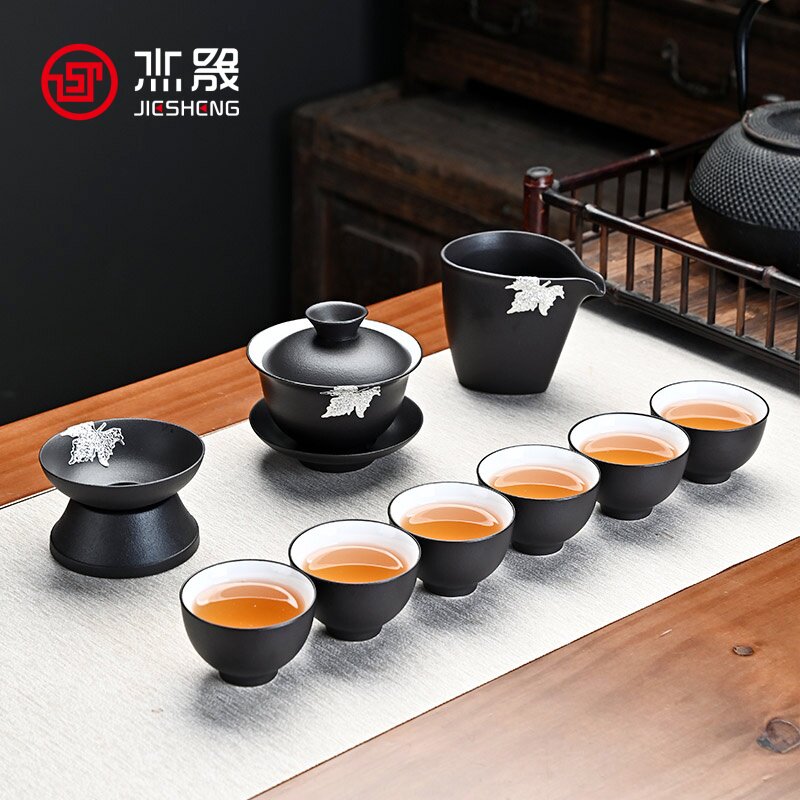 杰晟黑陶功夫茶具套装日式带茶盘图片