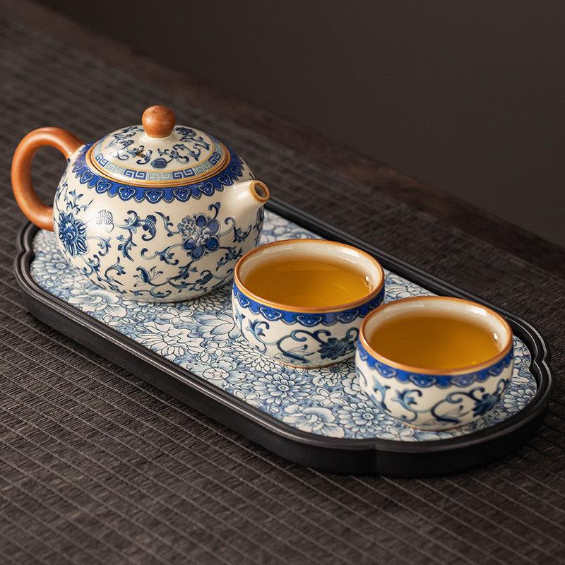 景德镇汝窑青花一壶两杯功夫茶具小型套装陶瓷茶壶茶盘一两人喝茶