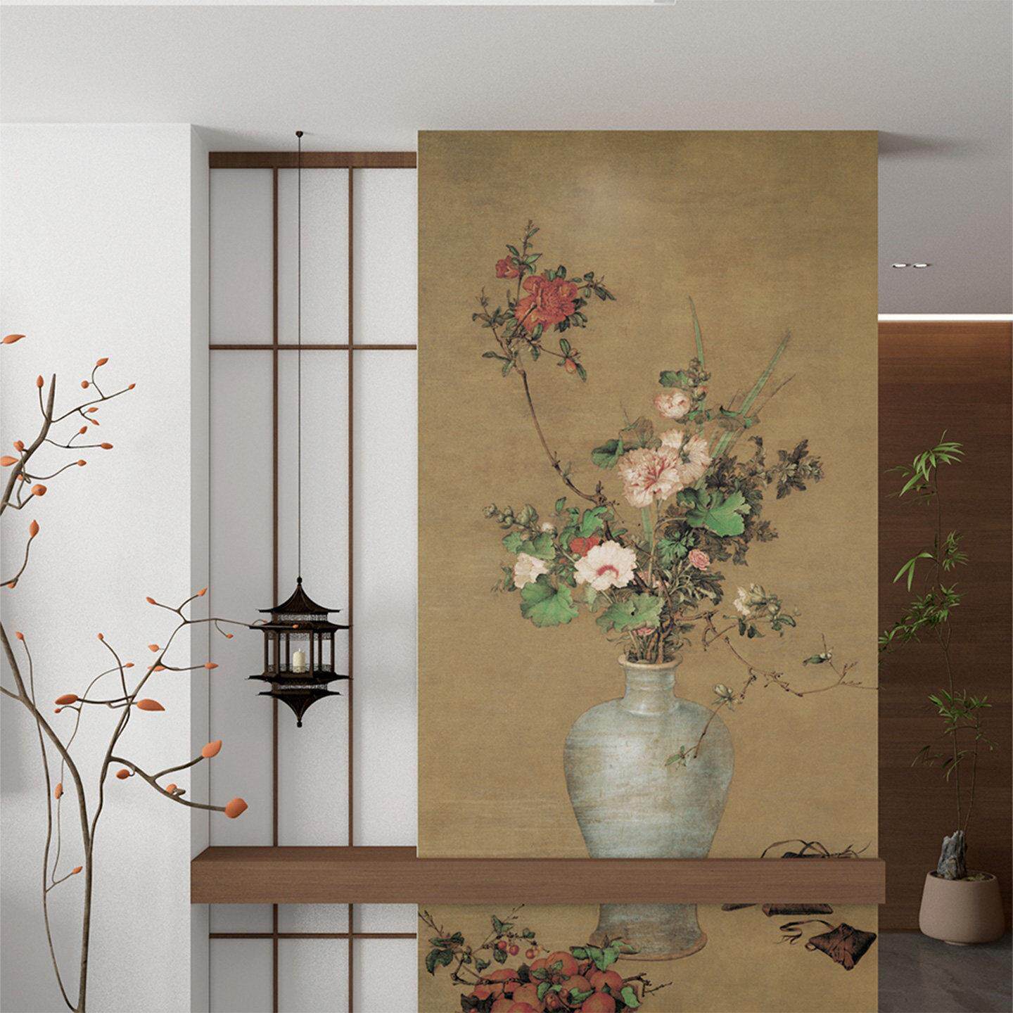 古画梅瓶花卉玄关墙面装饰贴画茶室中国画背景墙午瑞图墙贴纸定制